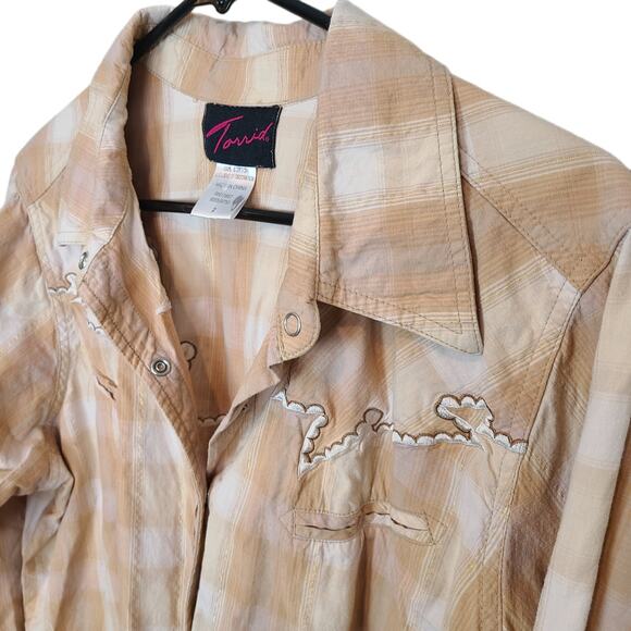 Torrid Top 2X Tan Plaid Western Shirt Pearl Snap Country Cowgirl Embroidered - Picture 5 of 7